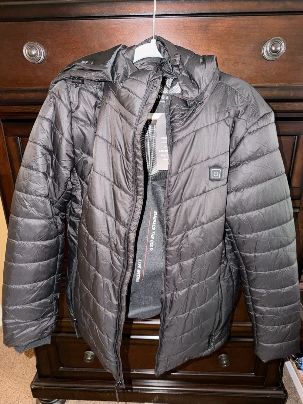 HQ Heated Jacket Black Quilted Puffer Jacket with Hood - Picture 2 of 11